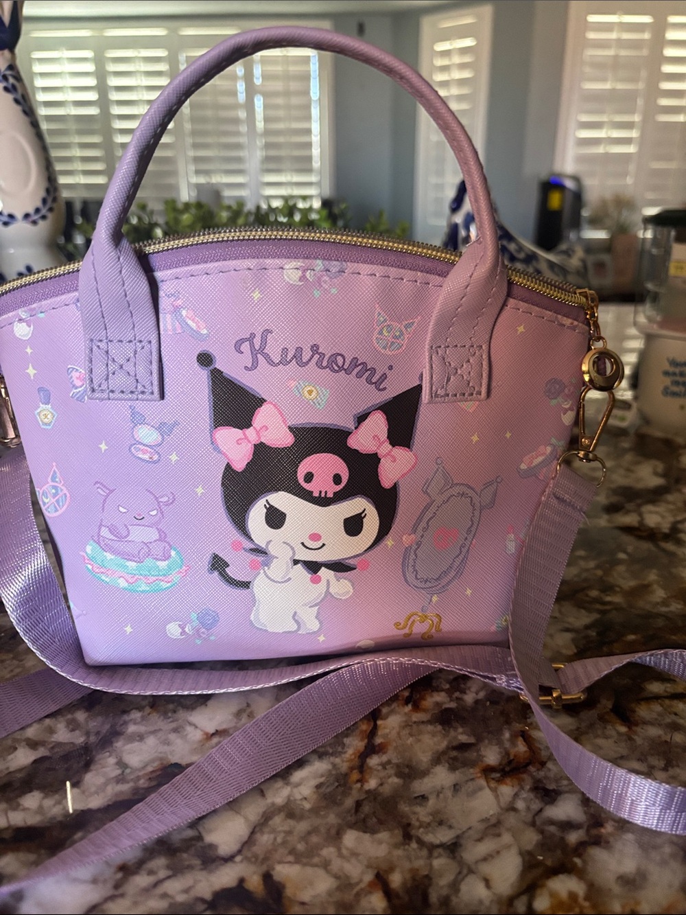 Kuromi Lavender Crossbody Satchel L 6' W 9' Bottom 2 1/2 inches wide Not Used